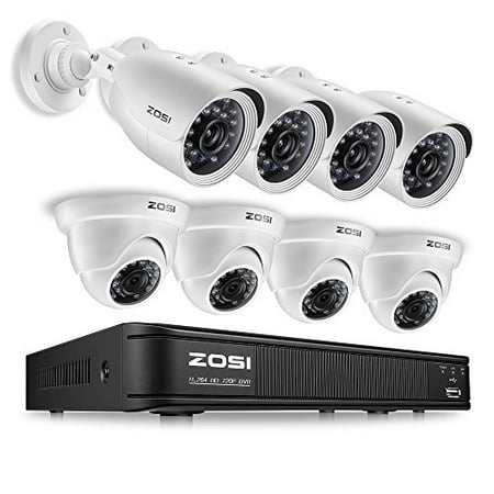 ZOSI 720p HDTVI Home Security Camera System Full HD, 8 Channel CCTV Dvr Recorder and (8) HD 1.0MP 1280TVL Surveillance Cameras Outdoor/Indoor with Night Vision, Motion Detection (No Hard