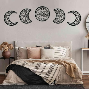 Holloyiver 5 Pieces Moon Phase Wall Decor, Boho Hanging Moon Phase Nordic Wood Wall Art for Living Room Bedroom Home, Wall Decoration Room Apartment Bar Ornament (Black)