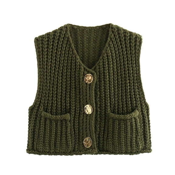 LISTHA Womens Casual Chunky Knit Vest Gold Button Down Crop Crochet Sleeveless Sweater Vest Army Green XL