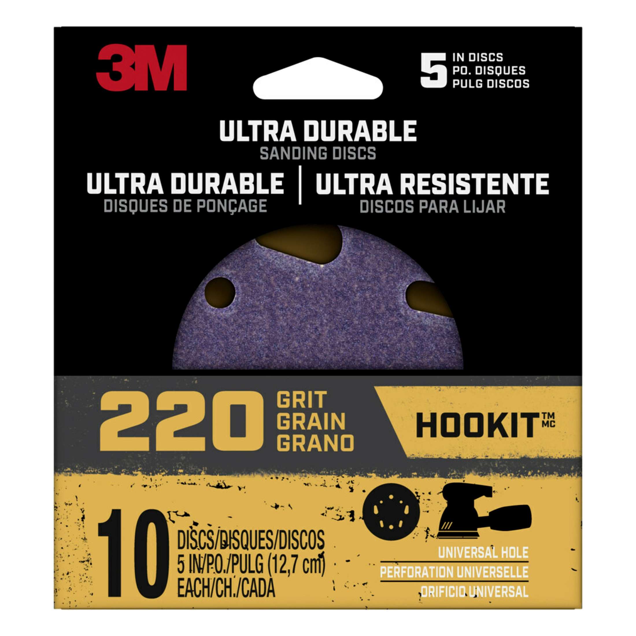 3M Ultra Durable 5 inch Power Sanding Discs, Universal Hole, 220 Grit, 10/Pack