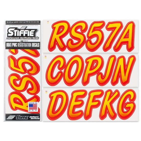 STIFFIE Whipline Yellow / Red 3" Alpha-Numeric Identification Custom Kit Registration Numbers & Letters Marine Stickers Decals for Boats & Personal Watercraft PWC