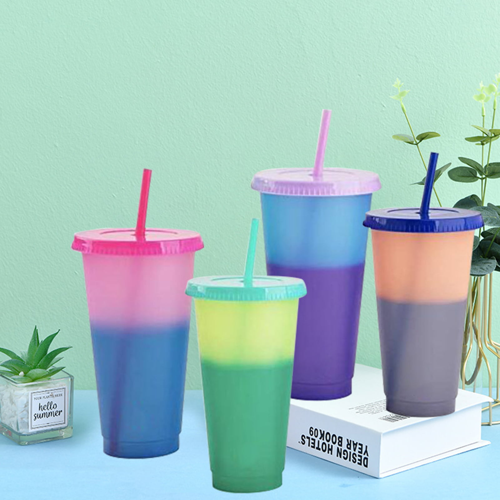 720ml Color Changing Water Bottle Straw Lid Type Travel Tumbler Temperature Mug  Plastic Bottle with Lid for Travel Party Cup