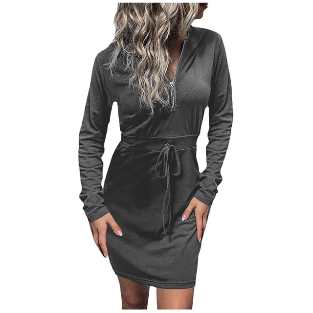 FcBaudy Robe à Manches Longues à Col en V, Robes d'Été pour Femmes, Robes pour Femmes Robe de Garde à Capuche Colorée pour Femmes Robe Portefeuille Noire Robe Moulante Robe à Manches Longues Robe pour Femmes