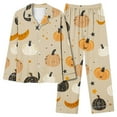 thumbnail image 3 of QIUOMBBP Women's Halloween Pajamas 2 Piece Sets Cute Pumpkin Print Long Sleeve Button Up Shirt and Wide Leg Pants Pjs Outfits Loungewear, Khaki, XXXL, 3 of 6
