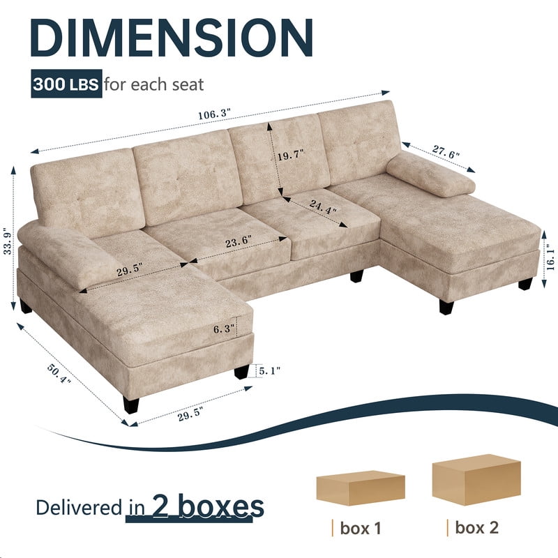 Walsunny U-Shaped Sectional Sofa Couch, 4 Seat U Shaped Oversized Clearance Sofa Set with Double Chaise for Living Room, Khaki