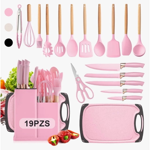 Utensilios De Cocina Silicona Espatulas Y Cuchillos 19 Set Modelo Rosa
