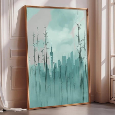 Futuristic Bamboo City Wall Art Print, Asian Inspired Architectural Landscape Poster, Minimal Jade Green Japandi Decor, Poster Only