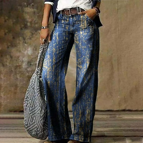 Stephy Women's Flare Wide Leg High Waisted Casual Vintage Floral Print Pants Casual Colorful Trouser, Blue, L