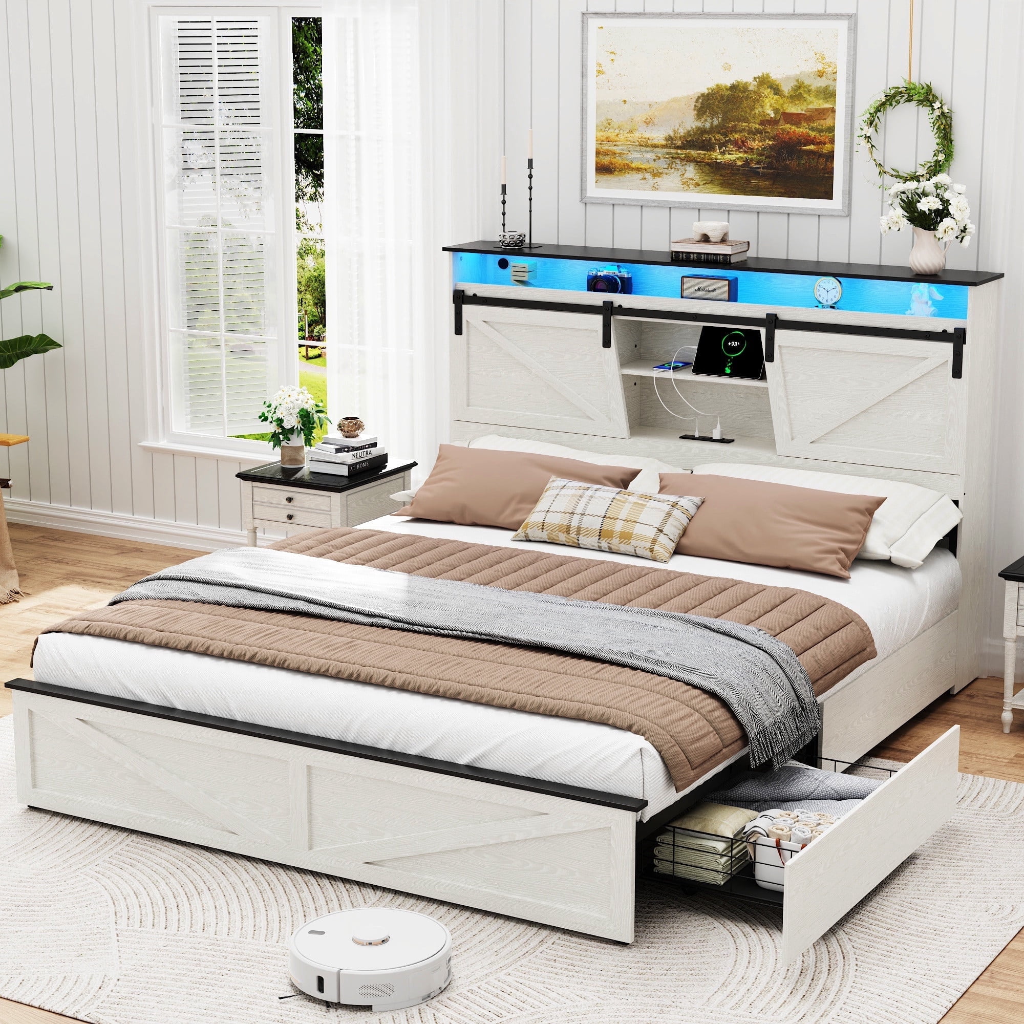 Wood Queen Bed Frame with Headboard & Storage Shelf, Holaki Farmhouse Queen Size Platform Bed Frame with 2 Drawers, Charging Station & LED Lights, Headboard with Sliding Barn Door, White
