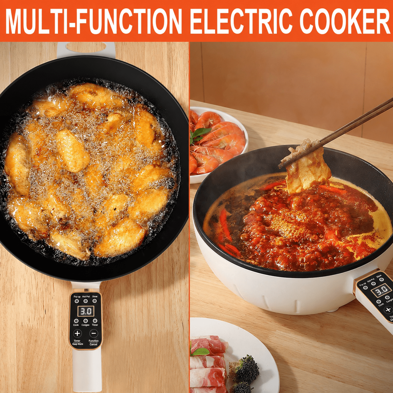 4L Electric Skillet 1000W Electric Cooker with Non-Stick Coating & Steamer, Timer & Schedule Cooking Settings, 12" Large Electric Hot Pot with Lid for Soup, Pasta, Frying, Stir-Fry