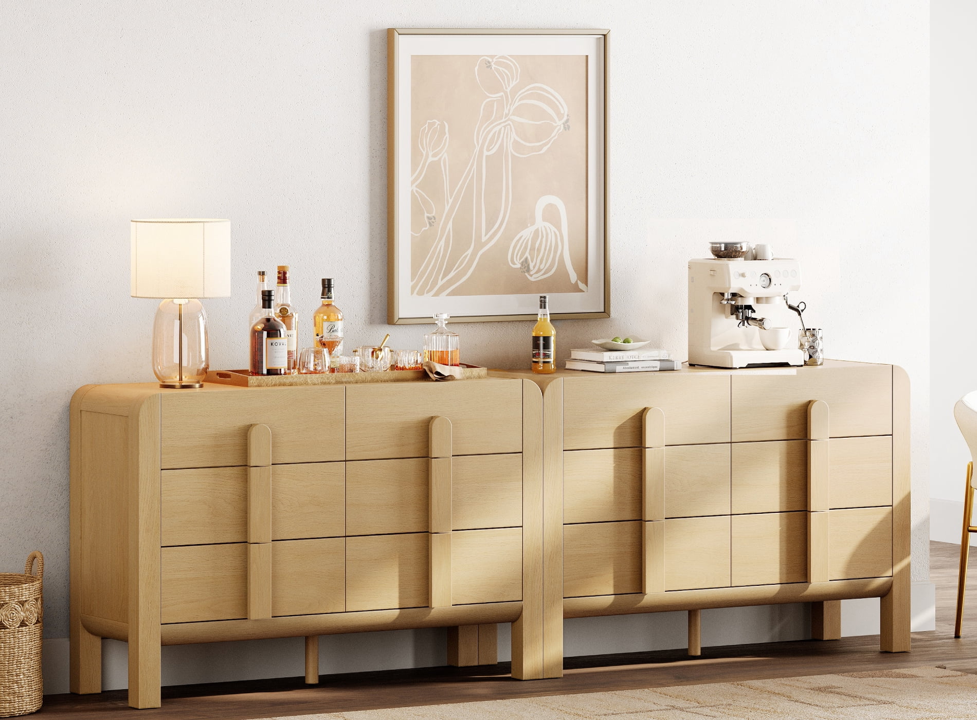 Mid Century 6 Drawer Dresser Set of 2, 47.2" Modern Chest of Drawers with Storage, Curved Profile Wood Double Dresser for Bedroom, Living Room, Hallway