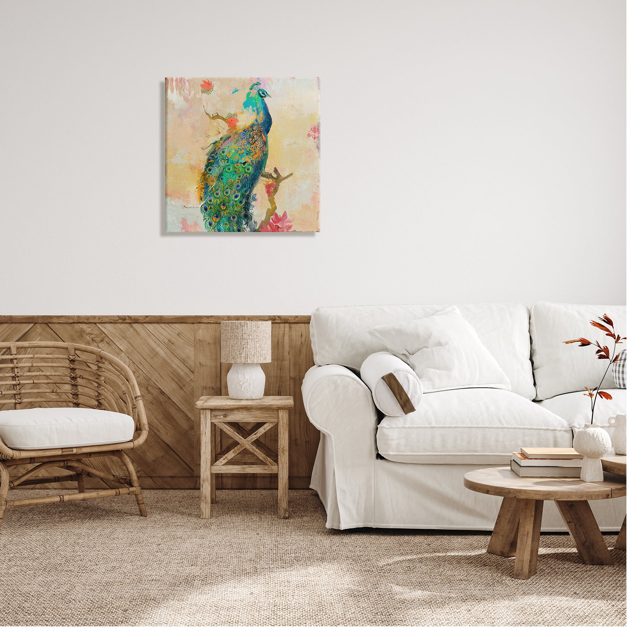 Stupell Modern Peacock Cherry Blossoms Animals & Insects Painting Gallery Wrapped Canvas Print Wall Art