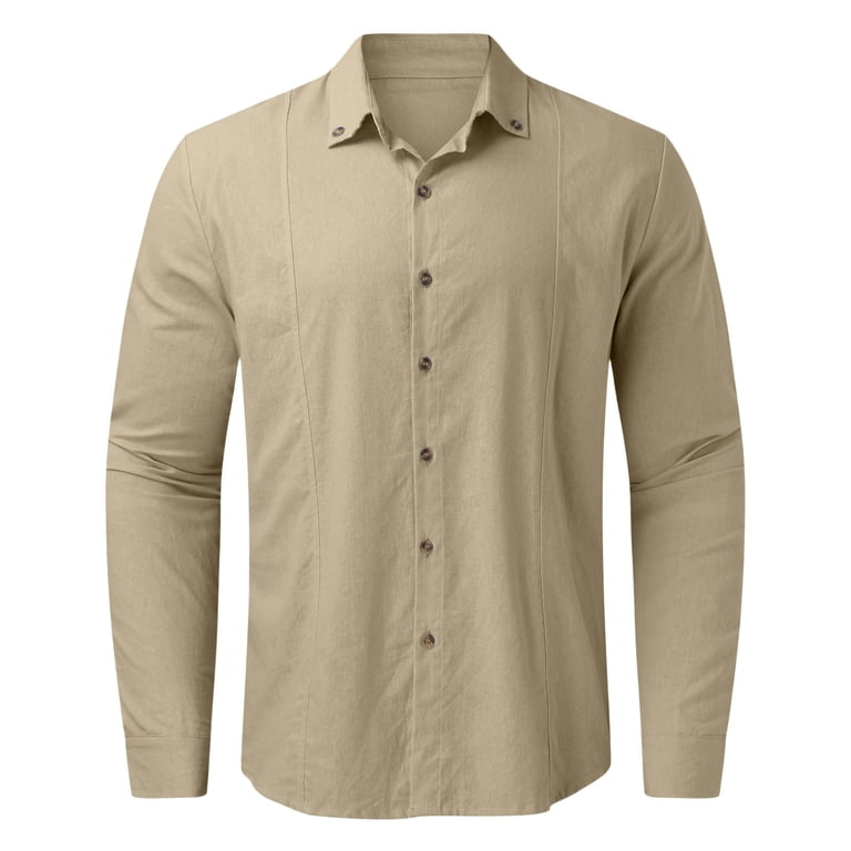 Vintage Classics 100% Linen Long Sleeve Shirt – Relaxed Fit Button-Up (Large, Khaki)