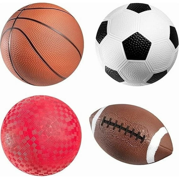 Sports Balls for Kids & Toddlers - (Pack of 4) 5-inch Sports Set Includes Football, Small Size Soccer, Basketball, and Playground Balls, Fun Indoors & Outdoor Toys (Hand Pump Included)