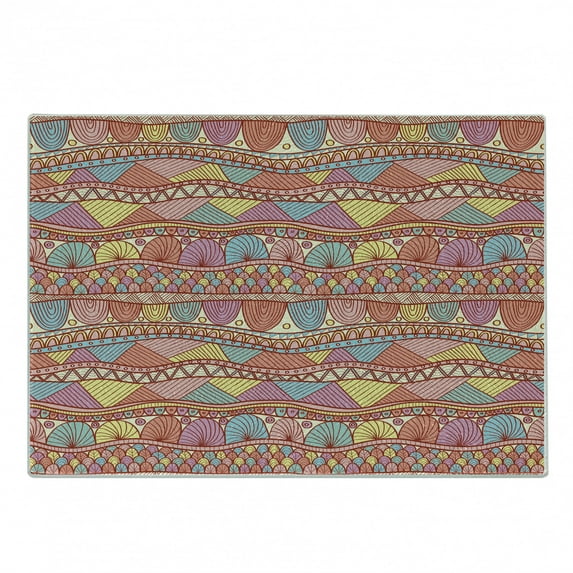 Ethnic Cutting Board, Colorful Pattern Swirls Striped Abstract Hand Drawn Art, Decorative Tempered Glass Cutting and Serving Board, Small Size, Multicolor, by Ambesonne