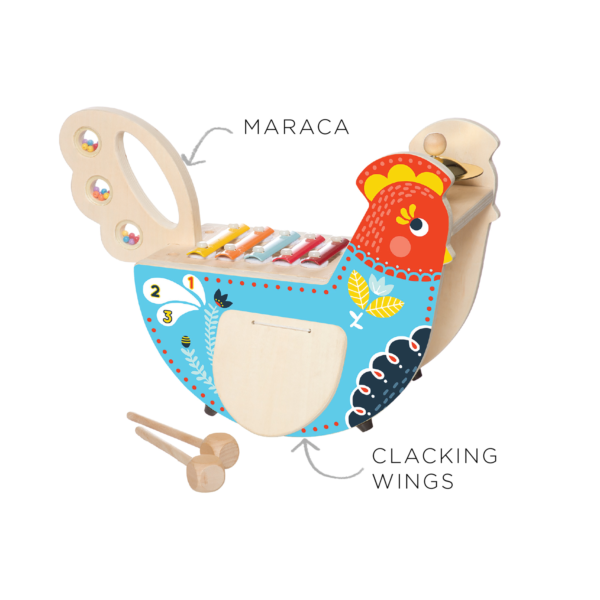 Manhattan Toy Musical Chicken Wooden Instrument for Toddlers with Xylophone, Drumsticks, Cymbal and Maraca - image 5 of 9