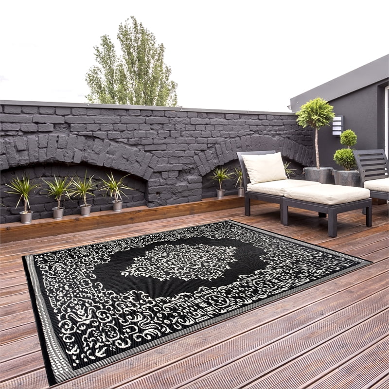 Outdoor Reversible Area Rug 8x10 Oriental Design Black White