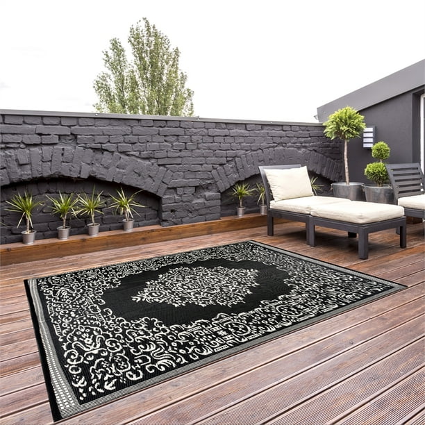 Outdoor Reversible Area Rug 8x10 Oriental Design Black White