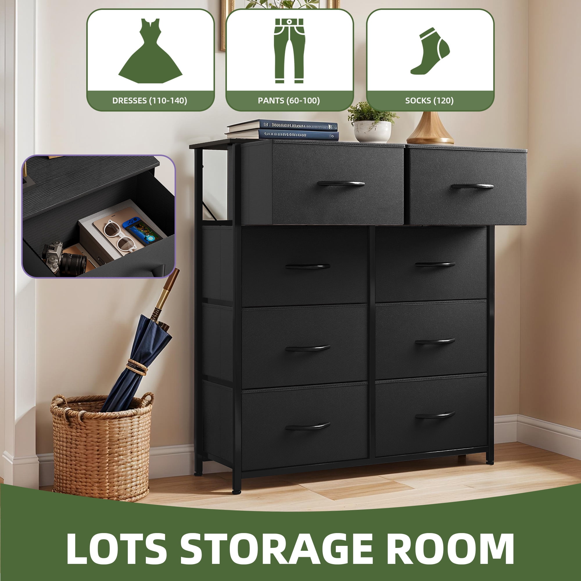 Uforic 8 Drawer Dressers for ,Chest of Drawers Fabric Storage Dressers for Living Room Black