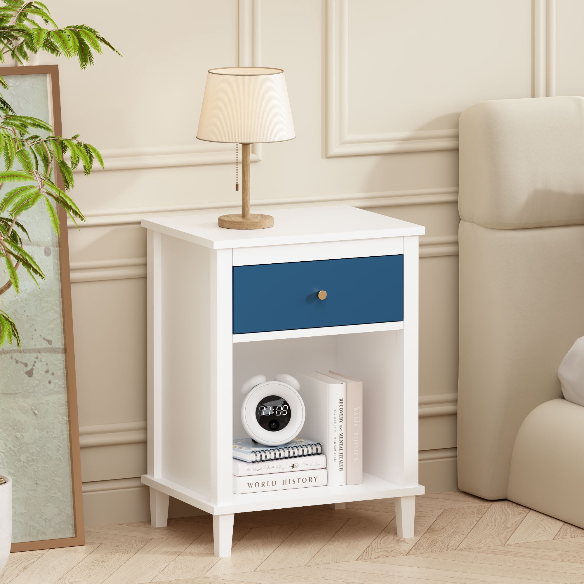 MAYEERTY 26.77" H Nightstand with Drawer & Open Shelf, Wooden Bedside End Side Table, for Kids Adults Bedroom Living Room Small Apartment Dorm