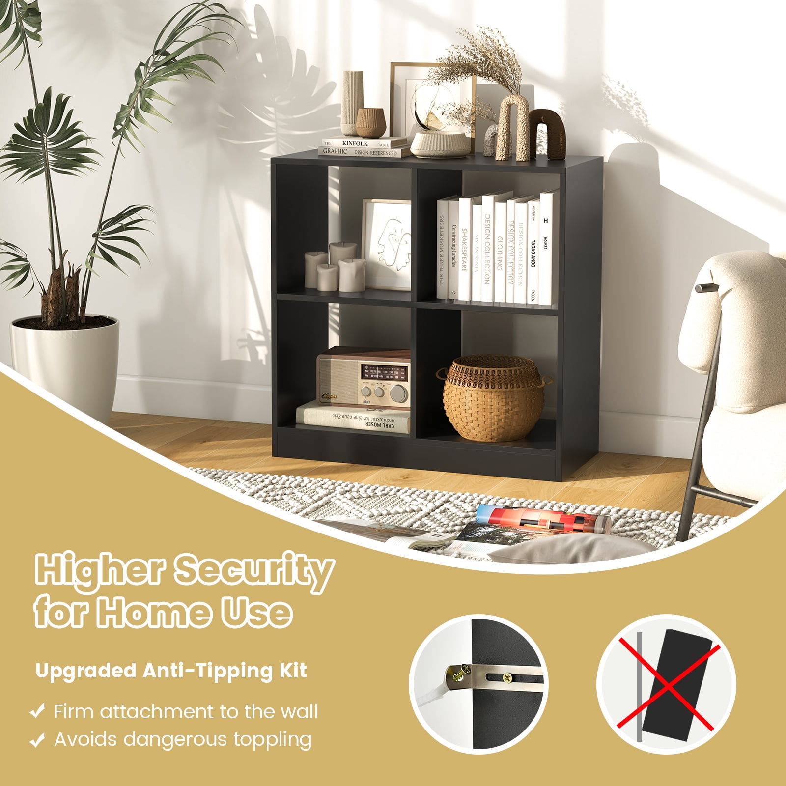 Topbuy 4-Cube Bookcase Floor Open Wooden Bookshelf with 2 Anti-Tipping Kits Modern Shelving Organizer Multipurpose Storage Cabinet Black