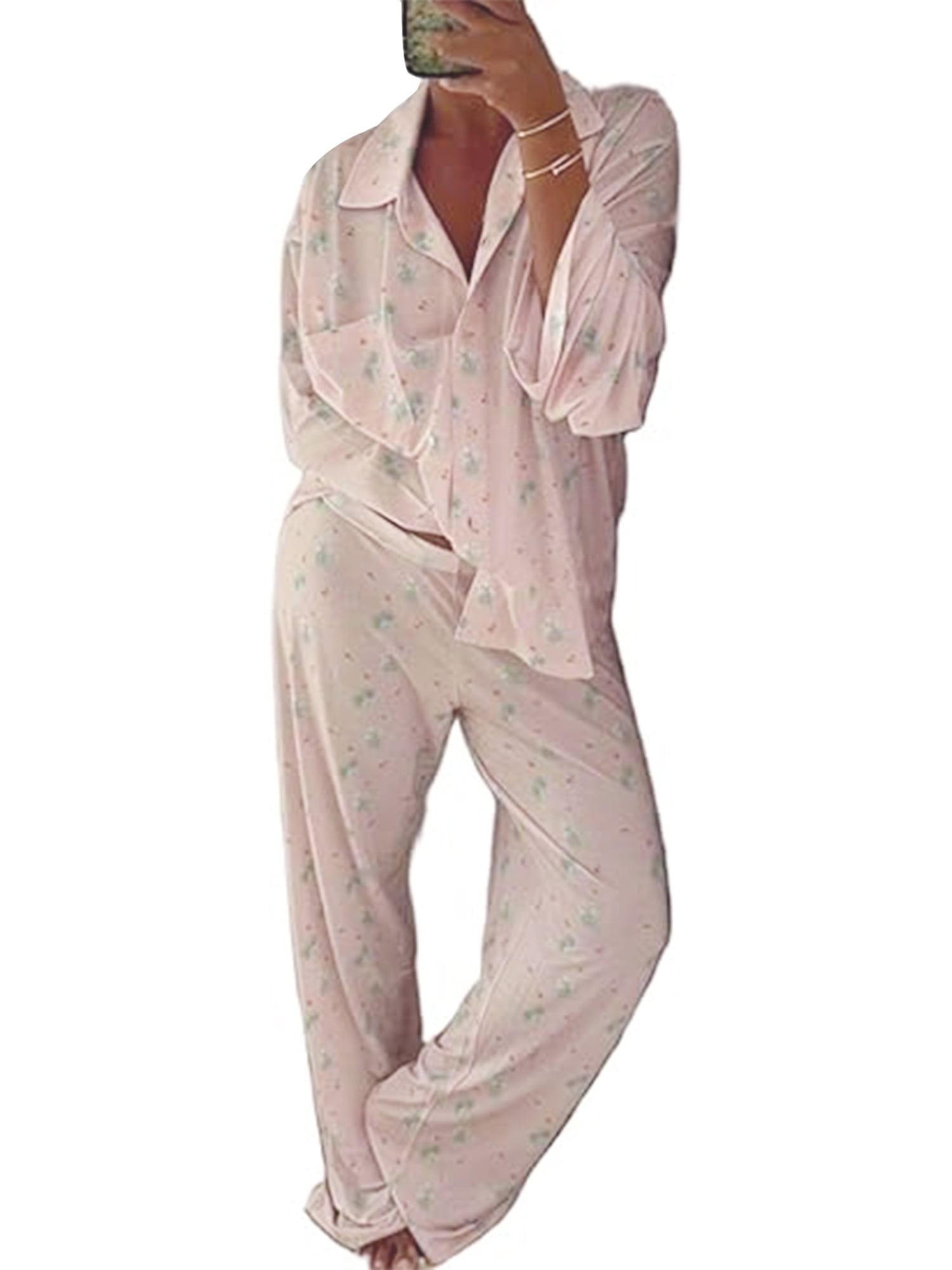 xiaxaixu Ensemble de Pyjama pour Femmes, Imprimé Fraise, Col Rabattu, Manches Longues, Hauts et Pantalons, Tenues de Détente 2 Pcs