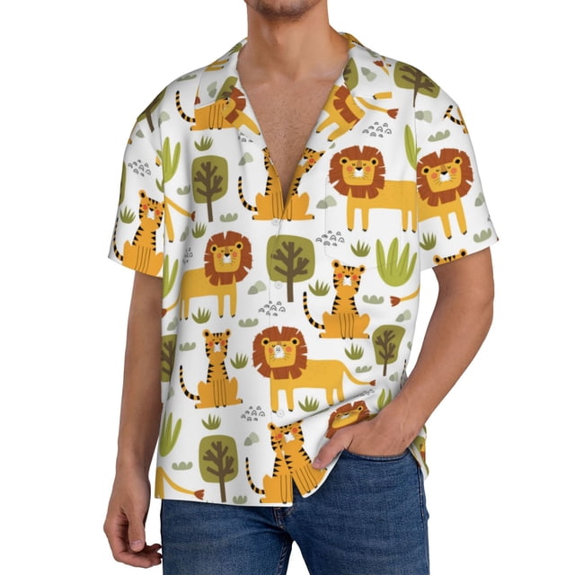 Balery Tiger Lion Camisa Casual de Manga Corta con Botones para Hombre, Texturizada, Estilo Cubano, para Playa, Verano-4X-Large