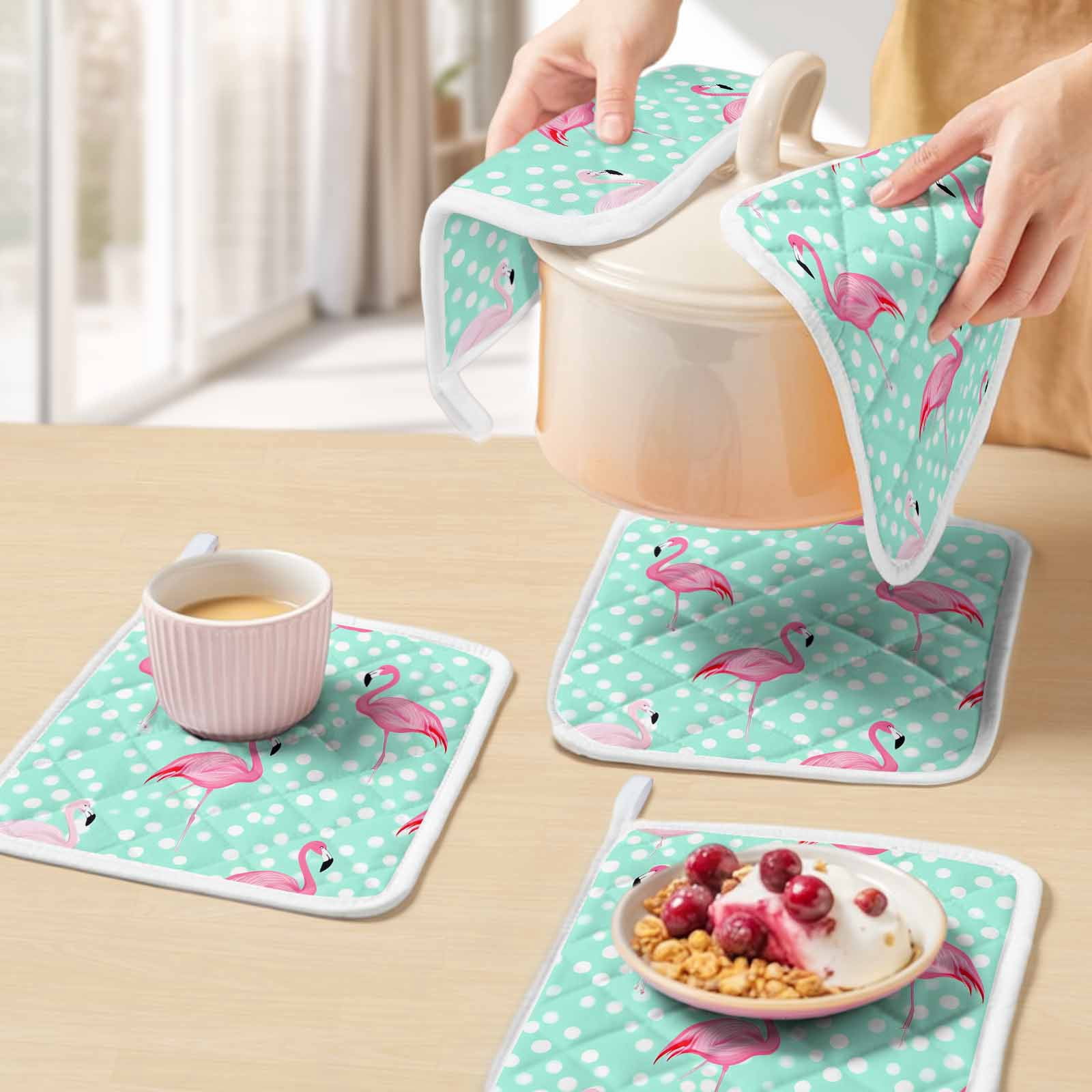 Green Flamingo Pot Holders for Kitchen Heatproof Potholder, 3 Pack Polka Dot Modern Art Hot Pads Multipurpose Oven Pads Cloth Potholders Trivet for Cooking Baking