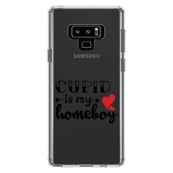 DistinctInk Clear Shockproof Hybrid Case for Samsung Galaxy Note 9 - TPU Bumper Acrylic Back Tempered Glass Screen Protector - Cupid is My Homeboy - Heart - Valentine