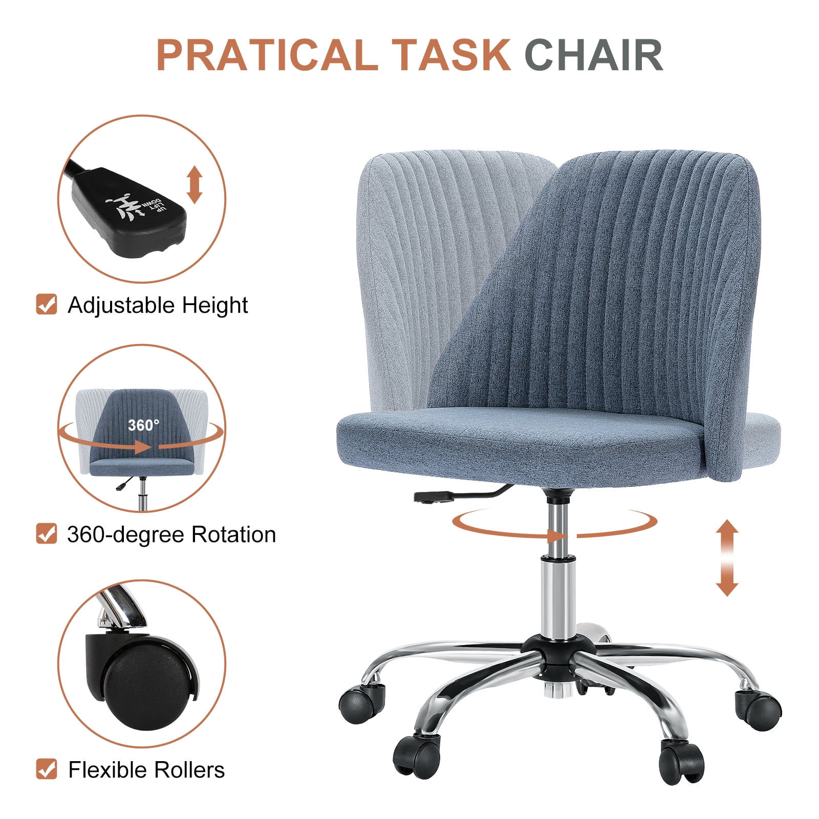 Armless Adjustable Swivel Desk Chair with Wheels