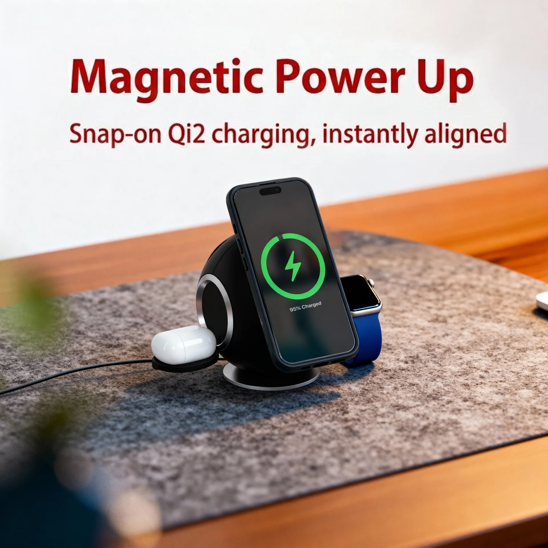 Monster 10-in-1 Charging Sphere Desktop Charging Station with Qi2 Magnetic Wireless Charging, 3 AC Outlets, 2 USB-C, 2 USB-A, Apple Watch & AirPods Charging Pads, 100W Total Output