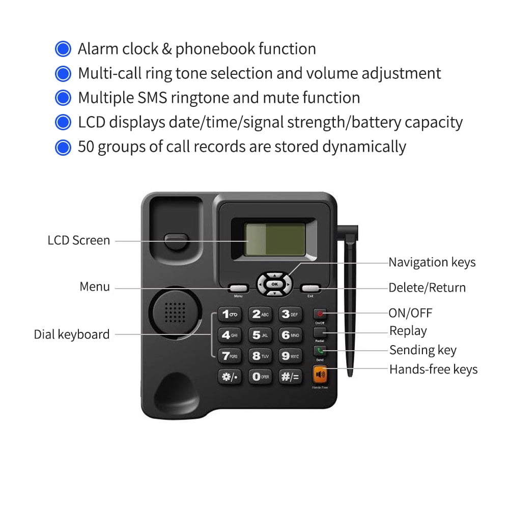 Arealer Cordless Phone Desktop Telephone Support GSM 850/900/1800/1900MHZ Dual SIM Card 2G Fixed Wireless Phone with Antenna Radio Alarm Clock Funtion for House Home Call Center Office Company Hotel