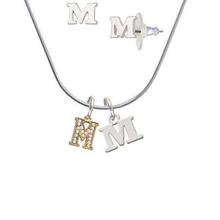 Gold Tone Small Crystal Initial – M – – M Initial Charm Necklace and Stud Earrings Jewelry Set