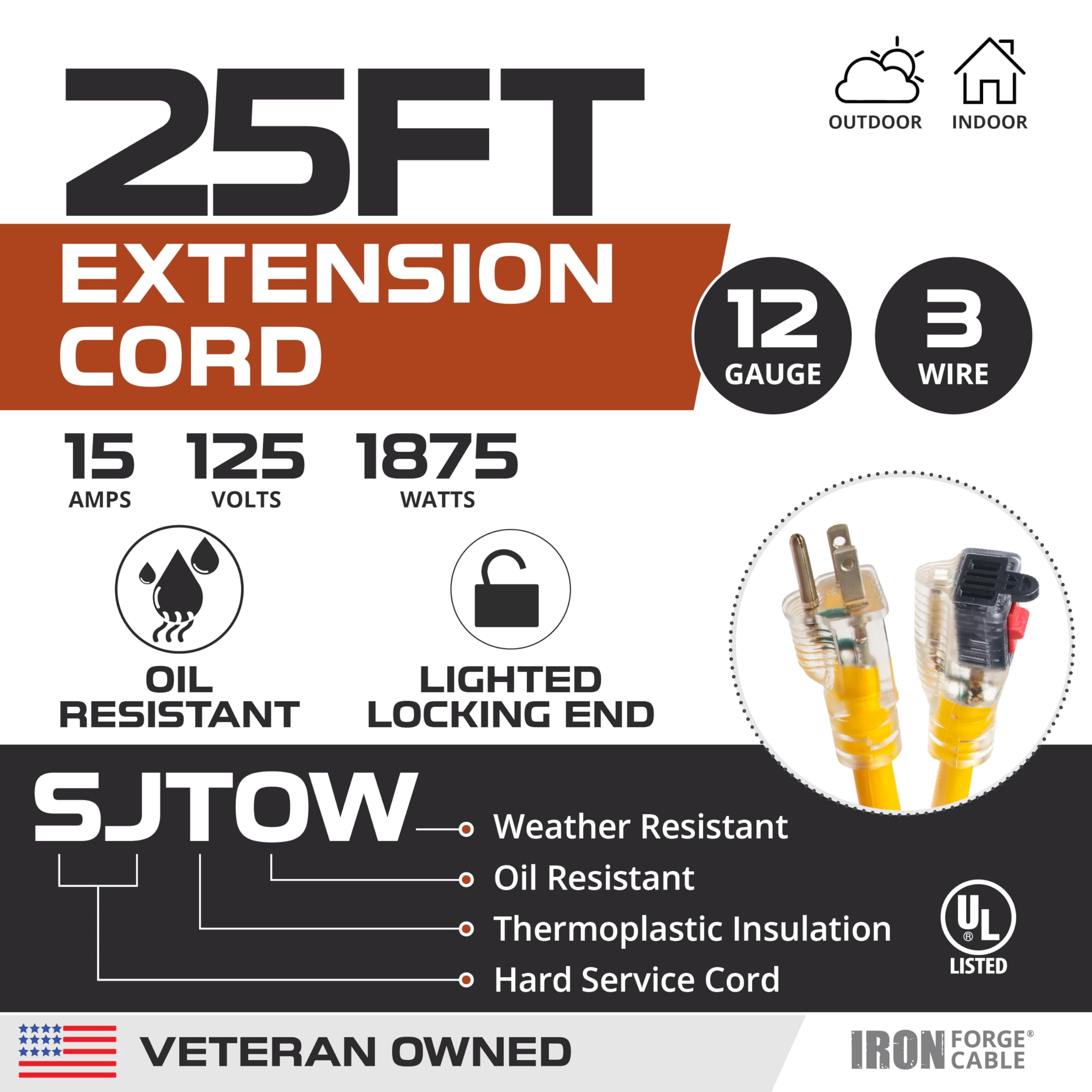 Iron Forge Cable Oil Resistant 12 Gauge Outdoor Extension Cord 25 ft with Locking Ends - 12/3 Heavy Duty Extension Cord Outdoor 3 Prong, Yellow Cable 15 Amp