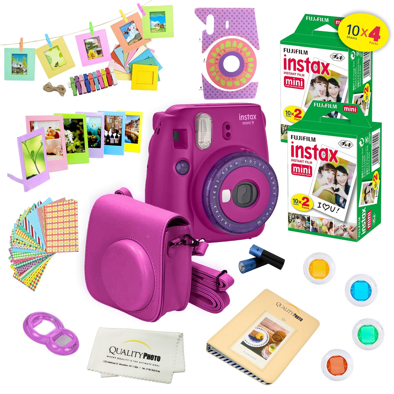 percent Postal code At dawn Fujifilm Instax Mini 9 Camera + Fuji INSTAX Instant Film (40 SHEETS) + 14  PC Instax Accessories kit Bundle, Includes; Instax Case + Album + Frames &  Stickers + Lens Filters + MORE(Purple) - Walmart.com