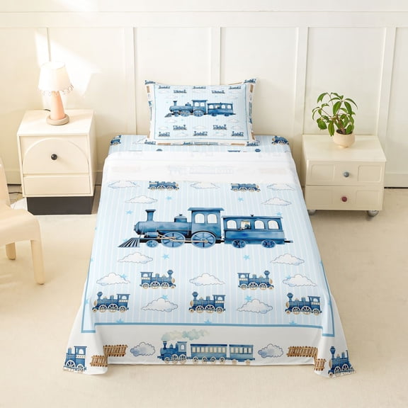 Castle Fairy Watercolor Train Twin Sheet Sets 3pcs for Teens, Stripe Cloud Art Bedding for Bedroom, Light Blue White