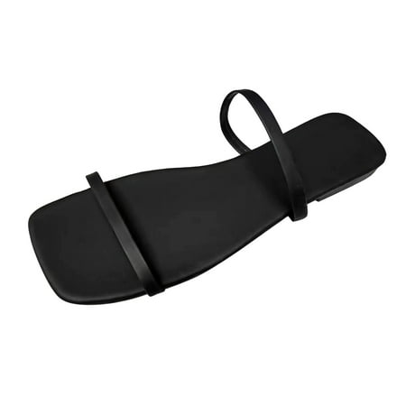 

Krdevn Ladies Fashion Summer Solid Color Leather Square Head Open Toe Beach Slippers Black 9