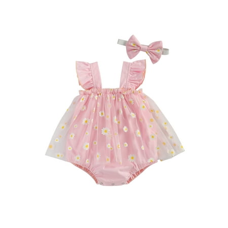 

Canrulo Toddler Baby Girls Romper Dress Flower Print Square Collar Sleeveless Lace Tutu Jumpsuits + Headband Set Pink 0-6 Months