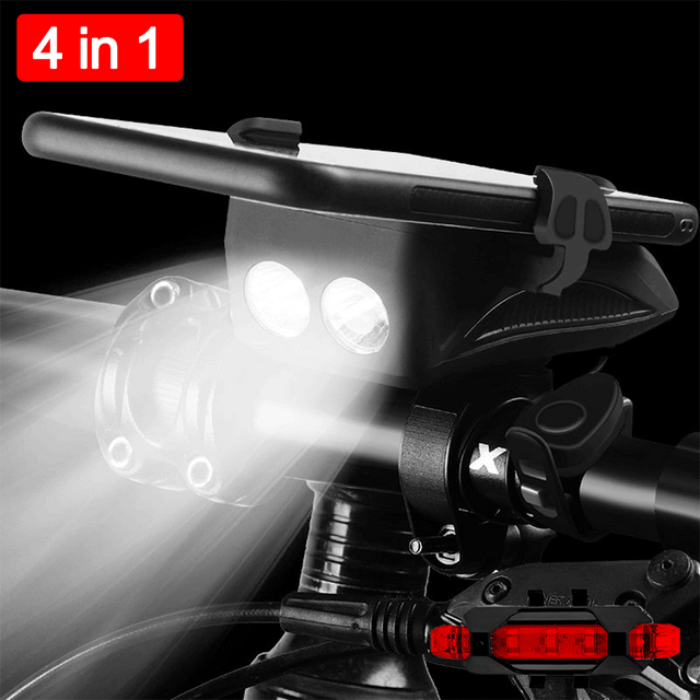 2000mAh USB Rechargeable  Bicycle Headlight and Taillight with IPX4 Waterproof Mount 4 In 1 Bike Light Holder with Horn for Phone 4.0 to 6.5 inches