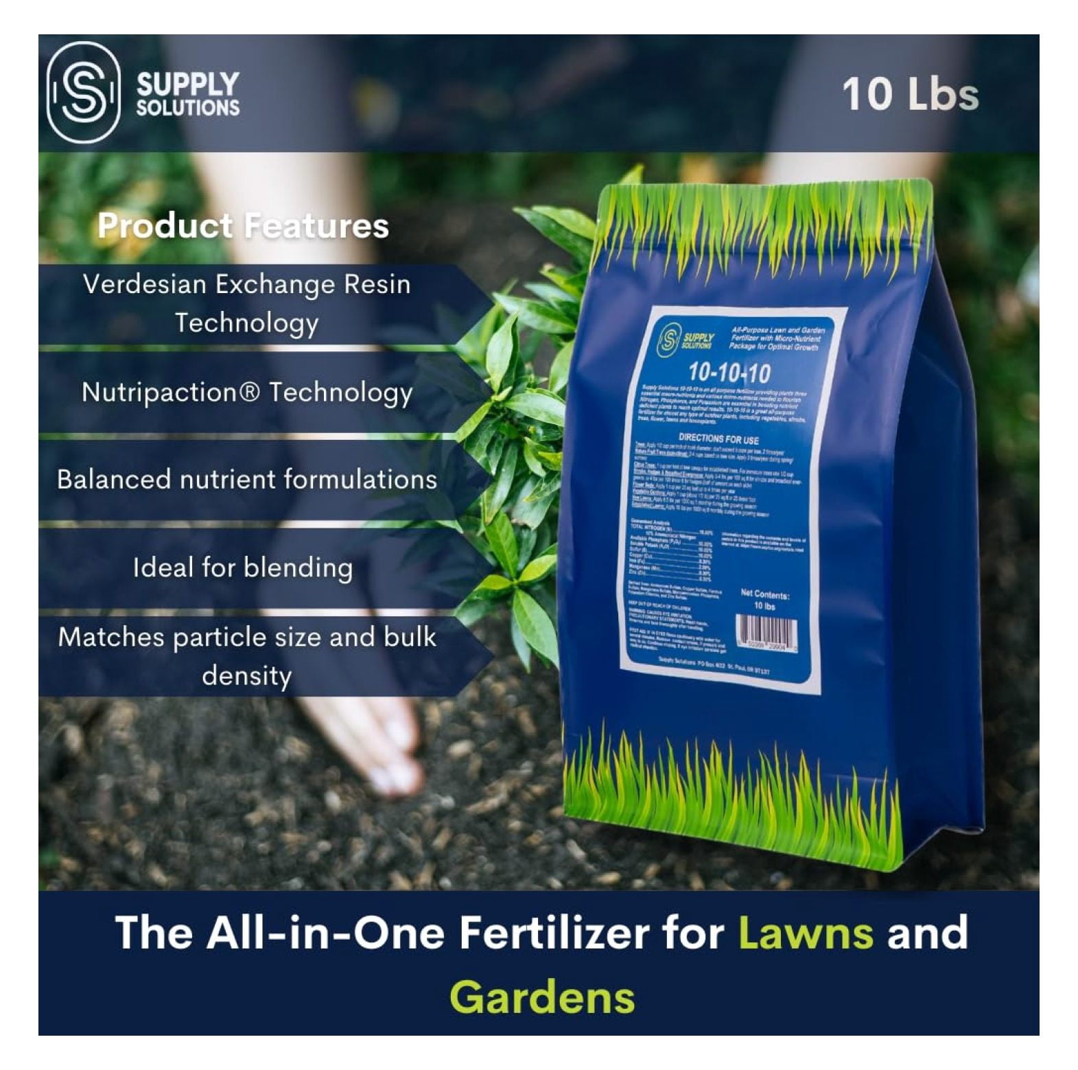 10-10-10 Complete Lawn & Garden Granular Fertilizer with Micronutrients – Balanced NPK Plant Food for Soil Health, & Roots – Safe for Vegetables, Fruits, Lawns (10 Pound)