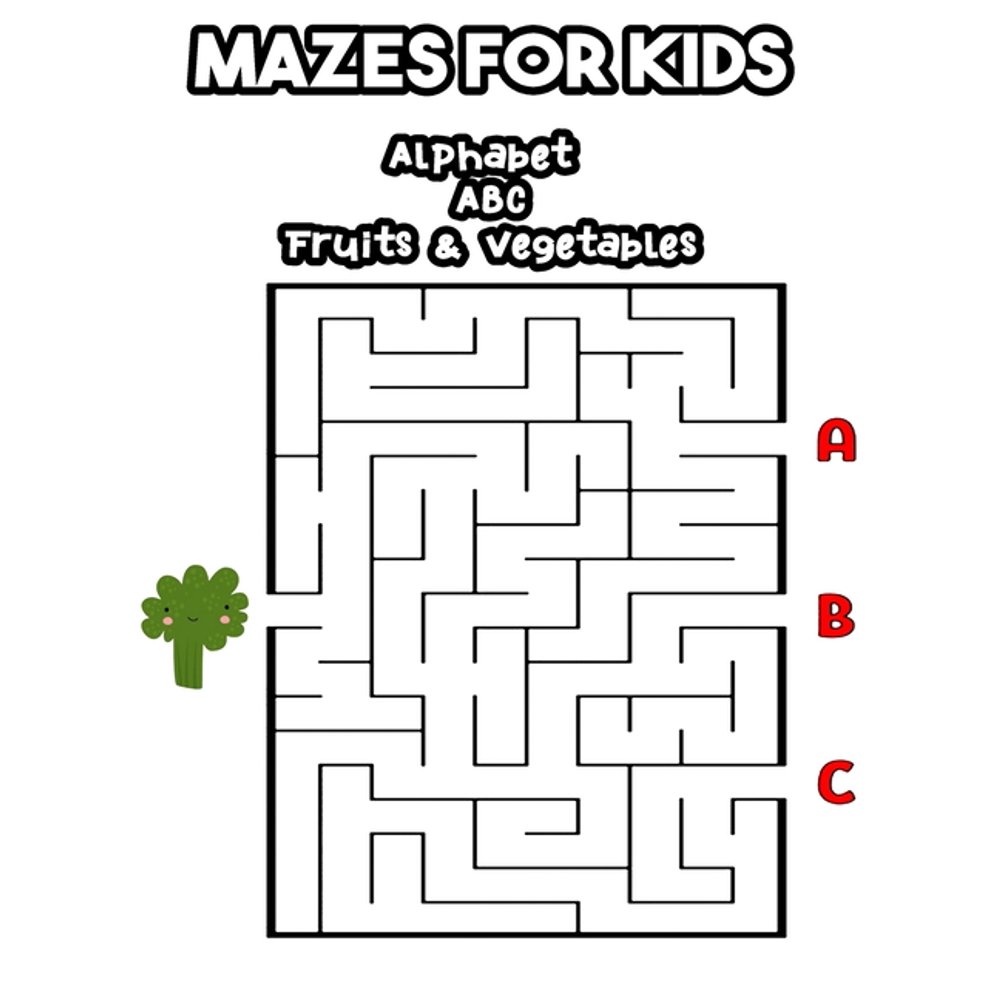 Mazes for Kids Alphabet ABC Fruits & Vegetables Labyrinth Book for
