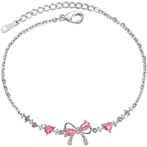 Bow Bracelet Zircon, Elegant Silver Bracelets For Women, Adjustable Ribbon Beaded Chain, Friendship Gift For Girlfriend, Wife, Sister, Wedding, Christmas Jewelry