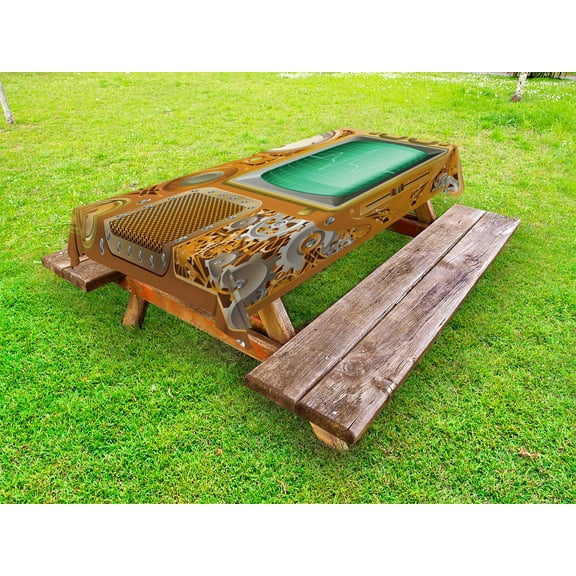 Retro Outdoor Tablecloth, Industrial Victorian Style Grunge Steampunk TV Gauger Retro Clockwork, Decorative Washable Fabric Picnic Table Cloth, 58 X 84 Inches,Orange Green Pale Grey, by Ambesonne