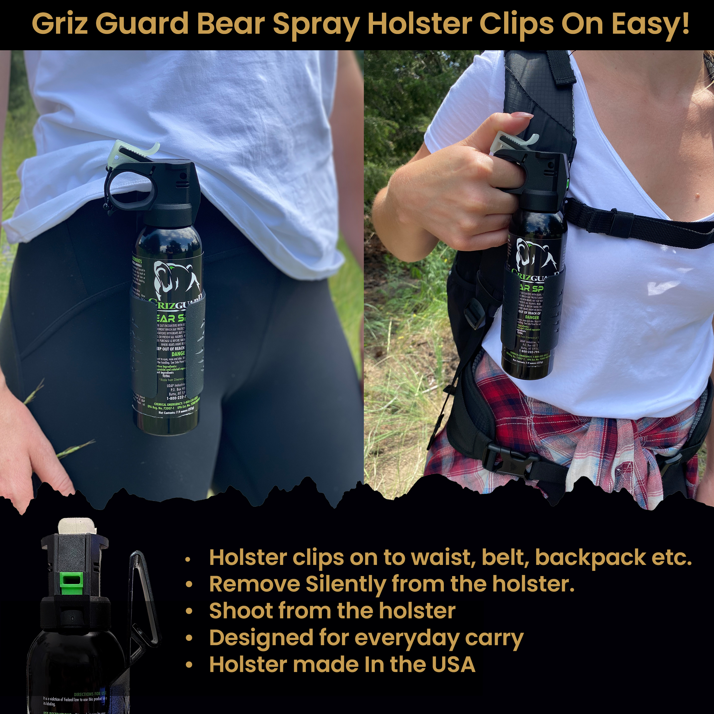 Griz Guard 260GG2 Bear Spray 2 Pack with Holster — 40 ft Range, Maximum Strength EPA-Registered Defense for Bears, Mountain Lions, Coyotes, Dogs & Moose — 9.2 oz Outdoor Hiking & Camping Protection