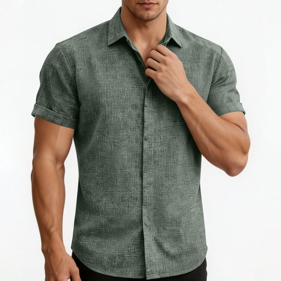 Bosfbaoi Plus Size Shirts For Men Textured Short Sleeve Men's Shirts Turn-Down Collar Button Front Mens Tops Casual Button Down Shirt