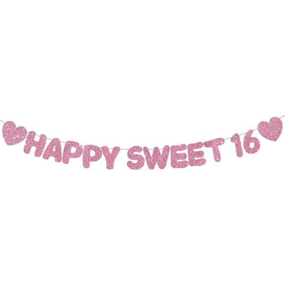 Glitter Pink Happy Sweet 16 Banner,NO DIY,Sixteenth Birthday Party Decorations Pre-Strung 16th Party Sign Garland Bachelorette Party Supplies