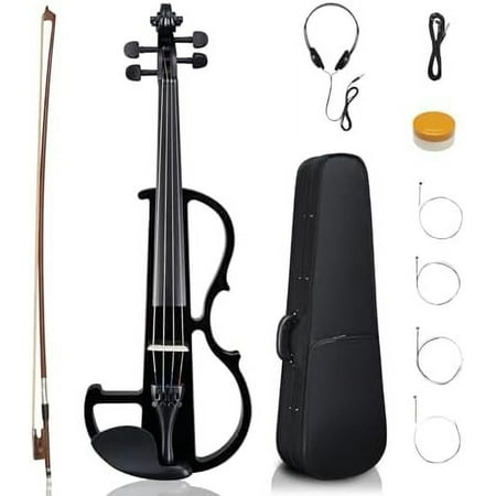 Full Size Electric Violin, 4/4 Acoustic Silent Electric Violin for Beginner Adults Teens with Ebony Fittings, , Bow, Headphone, Rosin and Extra String (Black)