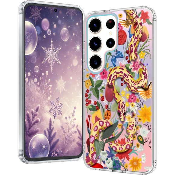 SHILIU-for Samsung Galaxy S25 Ultra Case: Clear Matte Cute Flowers Floral Design for Girls Women Slim Soft TPU Bumper Shockproof Silicone Cherry Blossoms Cell Phone Cover (Snake)