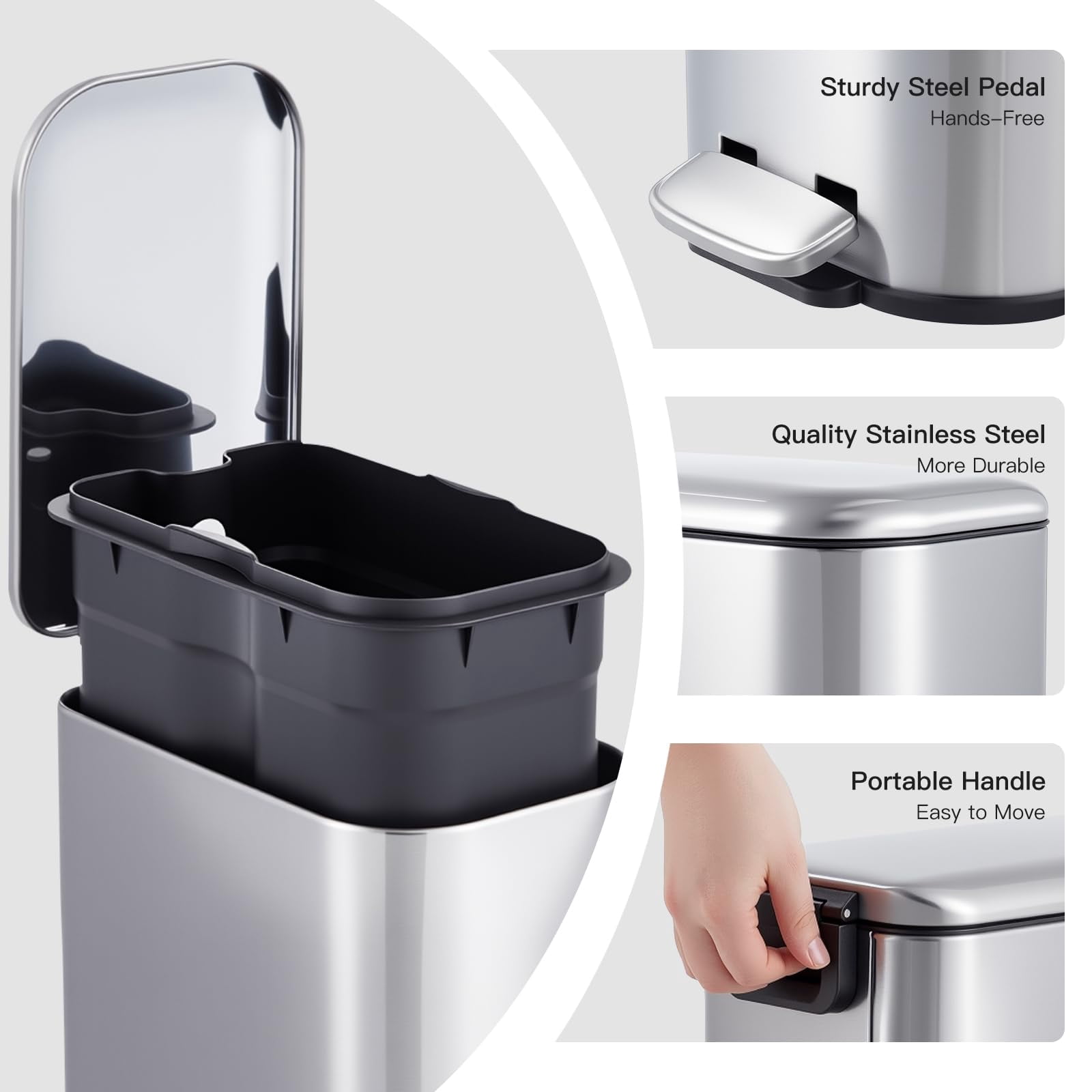 GARVEE 1.3 Gallon Bathroom Stainless Steel Trash Can, Soft Close, Silver
