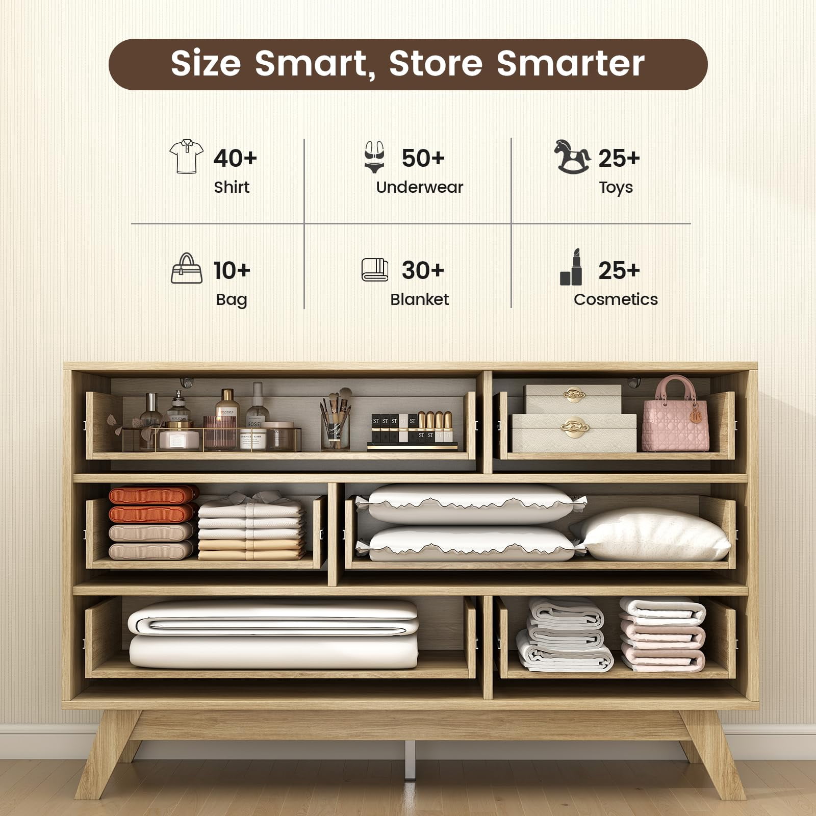 Danpinera Home 6-Drawer Dresser for Bedroom, 47” Modern Handleless Chest of Drawers, Fluted Wooden Storage Cabinet & TV Stand for Closet, Hallway, or Living Room, Natural Oak